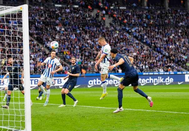 Germany, Berlin, 12.04.2024, Olympic Stadium, Hertha BSC vs FC Hansa Rostock - 2. Bundesliga, Palko Dardai (Hertha Berlin) scores the teams first goal Berlin Olympic Stadium Berlin Germany