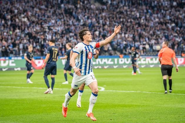 2. Fußball Bundesliga, Hertha BSC vs Hansa Rostock; Berlin, 12.04.2024 Jubel zum 2:0 durch Fabian Reese (Hertha BSC, 11) 2. Fußball Bundesliga, Hertha BSC vs Hansa Rostock, Olympiastadion, Berlin, 12.04.2024 DFL REGULATIONS PROHIBIT ANY USE OF PHOTOGRAPHS AS IMAGE SEQUENCES AND OR QUASI-VIDEO.