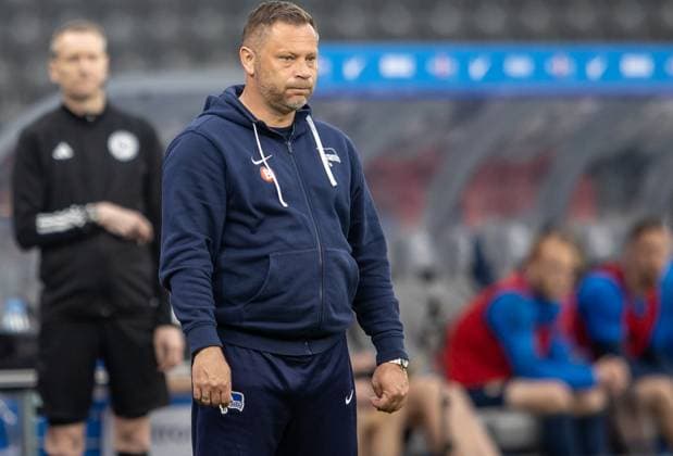 Berlin, 12.04.2024, Fussball, 2.Bundesliga, 29. Spieltag, Hertha BSC - Hansa Rostock, Olympiastadion. Trainer Pal Dardai von Hertha BSC mit konzentriertem Blick am Spielfeldrand. DFL regulations and DFB regulations prohibit any use of photographs as image sequences and or quasi-video, Foto: Andreas Gora Hertha BSC - Hansa Rostock