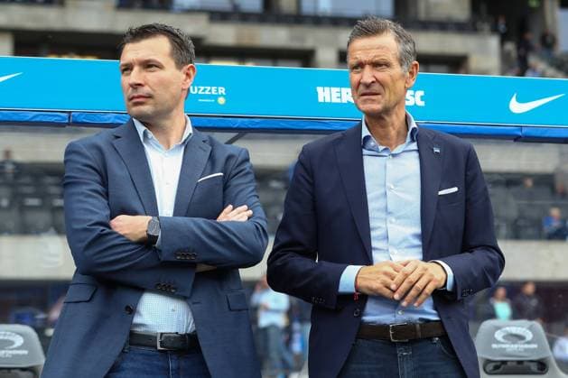 12.04.2024, xtgx, Fussball 2. Bundesliga, Hertha BSC - FC Hansa Rostock emspor, v.l. Benjamin Weber (Hertha, Sportdirektor), Thomas E. Herrich (Hertha, Geschaeftsfuehrer) (DFL DFB REGULATIONS PROHIBIT ANY USE OF PHOTOGRAPHS as IMAGE SEQUENCES and or QUASI-VIDEO) Berlin