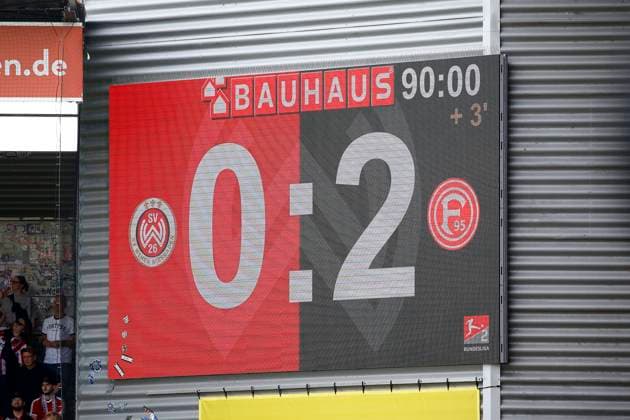 13.04.2024, xavx, Fussball 2.Bundesliga, SV Wehen Wiesbaden - Fortuna Düsseldorf emspor, v.l. Anzeigetafel in der Brita-Arena. Endstand 0:2 (DFL DFB REGULATIONS PROHIBIT ANY USE OF PHOTOGRAPHS as IMAGE SEQUENCES and or QUASI-VIDEO) Wiesbaden