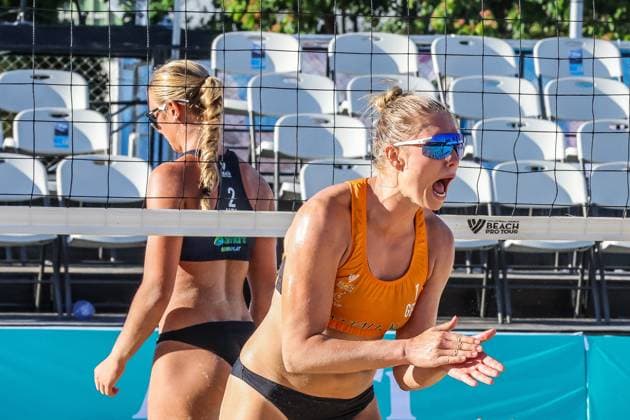 (240413) -- LAGUNA PROVINCE, April 13, 2024 -- Germany s Chenoa Christ (R) celebrates during the women s quarterfinal between Chenoa Christ Anna-Lena Grune of Germany and Katie Sadlier Meile Rose Green of New Zealand at the Volleyball World Beach Pro Tour Futures in Laguna Province, the Philippines, April 13, 2024. ) (SP)THE PHILIPPINES-LAGUNA PROVINCE Beach volleyball, Beachvolleyball BEACH PRO TOUR FUTURES-QUARTERFINALS RouellexUmali 