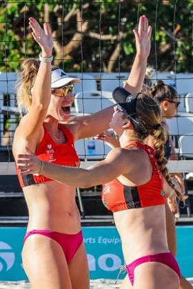 (240413) -- LAGUNA PROVINCE, April 13, 2024 -- Israel s Anita Dave (L) Ronni Rivka Lavie celebrate during the women s quarterfinal against Alaina Chacon Mariah Whalen of the United States at the Volleyball World Beach Pro Tour Futures in Laguna Province, the Philippines, April 13, 2024. ) (SP)THE PHILIPPINES-LAGUNA PROVINCE Beach volleyball, Beachvolleyball BEACH PRO TOUR FUTURES-QUARTERFINALS RouellexUmali 