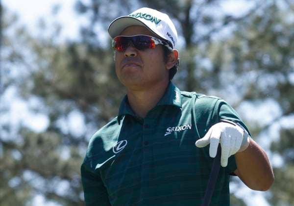 Japan s Hideki Matsuyama watches his ball after teeing off on the eighteenth hole during the third round of the Masters Tournament at Augusta National Golf Club in Augusta, Georgia on Saturday, April 13, 2024. Matsuyama finished the day at five-over-par.  AUG20240413502 TANNENxMAURY