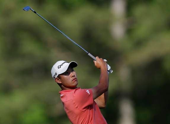Collin Morikawa hits his tee shot on the twelfth hole during the third round of the Masters Tournament at Augusta National Golf Club in Augusta, Georgia on Saturday, April 13, 2024.  AUG20240413142 JOHNxANGELILLO