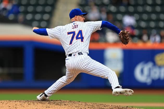 MLB, Baseball Herren, USA Kansas City Royals Vs New York Mets New York Mets relief pitcher Tyler Jay 74 is throwing during the seventh inning of the baseball game against the Kansas City Royals at Citi Field in New York City, N.Y., on April 13, 2024. New York N.Y. United States  Copyright: xGordonxDonovanx originalFilename:donovan-kansasci240413_npX9l.jpg