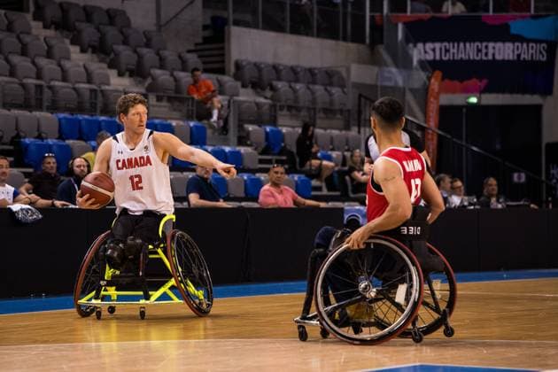 2024 IWBF Men’s Repechage: Kanda - Iran; 14.04.2024 Patrick Anderson (Kanada, 12) am Ball, Mohammad Mohammad Nezhad (Iran, 10) 2024 IWBF Men’s Repechage: Kanda - Iran; Azur Arena, Antibes Copyright: xBEAUTIFULxSPORTS Wunderlx