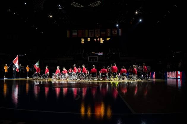 2024 IWBF Men’s Repechage: Kanda - Iran; 14.04.2024 Die kanadsichen Herren während der Hymne 2024 IWBF Men’s Repechage: Kanda - Iran; Azur Arena, Antibes Copyright: xBEAUTIFULxSPORTS Wunderlx