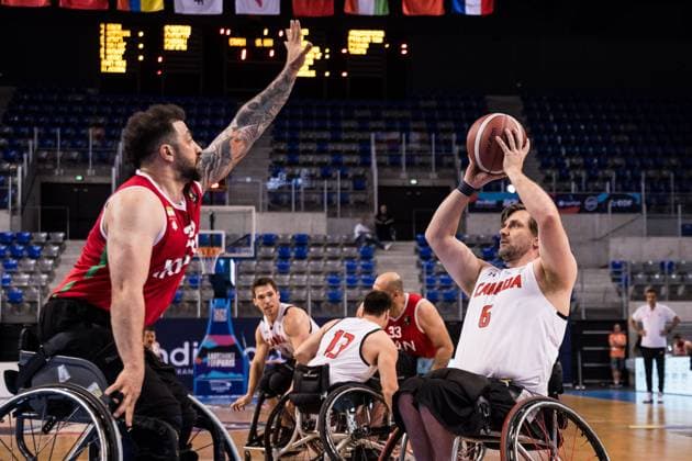 2024 IWBF Men’s Repechage: Kanda - Iran; 14.04.2024 Mohamadhassan Sayari (Iran, 24), Robert Hedges (Kanada, 6) im Wurf 2024 IWBF Men’s Repechage: Kanda - Iran; Azur Arena, Antibes Copyright: xBEAUTIFULxSPORTS Wunderlx