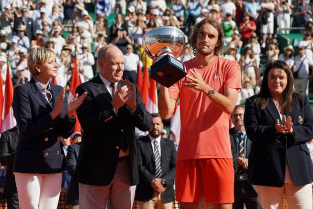 Princesse Charlene - Stefanos Tsitsipas - SAS le prince Albert II de Monaco - Prince Jacques- Melanie Antoinette de Massy PrÃ sidente du M.C.C.C TENNIS : Monaco Rolex Masters - Finale - Monaco - 14 04 2024 NorbertScanella Panoramic 