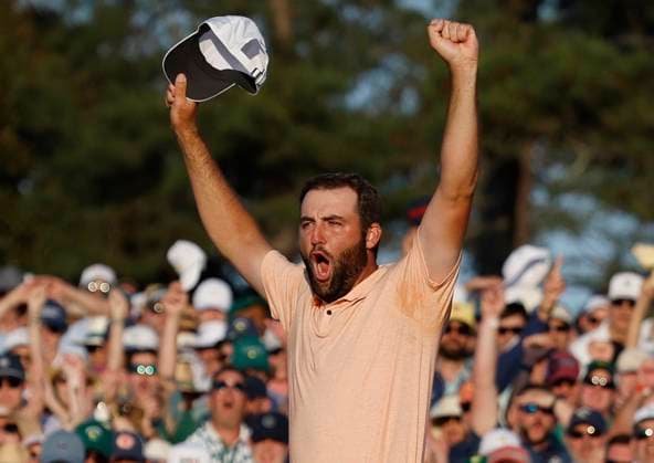 Bilder des Jahres 2024, Sport 04 April Sport Themen der Woche KW15 Sport Bilder des Tages Scottie Scheffler celebrates after winning the Masters tournament at Augusta National Golf Club in Augusta, Georgia on Sunday, April 14, 2024. Scheffler won with a score of 11 under par.  AUG20240414150 JOHNxANGELILLO