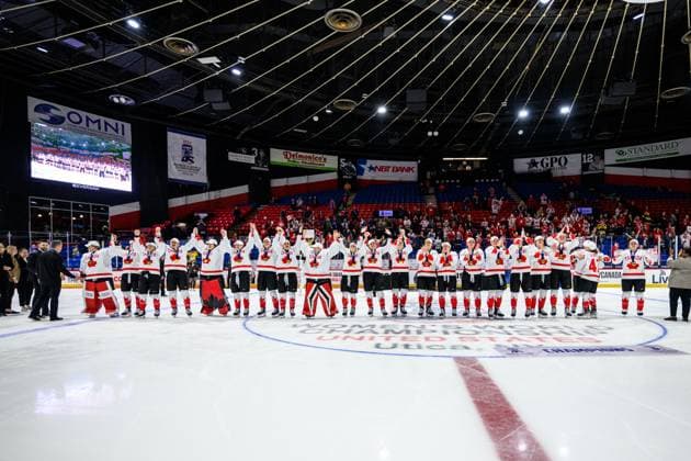 240414 Players of Canada celebrate after the 2024 IIHF Women s World Championship, WM, Weltmeisterschaft final between USA and Canada on April 14, 2024 in Utica. Photo: Aron Broman BILDBYRAN COP 341 AM0053 ishockey Ice hockey, Eishockey vm dam 2024 iihf womens world championship dam vm ishockey vm final usa canada kanada women bbeng jubel Copyright: ARONxBROMAN BB240414AM134