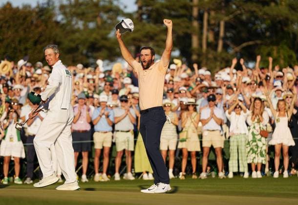 Golf: Masters Tournament Scottie Scheffler of the United States celebrates after winning the Masters Tournament at Augusta National Golf Club in Augusta, Georgia, on April 14, 2024.  A14AA0002711850P