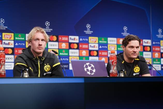 15.04.2024, Fussball, Saison 2023 2024, UEFA Champions League, UCL, Pressekonferenz, Borussia Dortmund - Atletico Madrid, Pressekonferenz mit v. l. Julian Brandt (Borussia Dortmund), Trainer Edin Terzic (Borussia Dortmund), Dortmund Signal Iduna Park NRW Deutschland xRHR-FOTO DEx Copyright: DennisxEwert RHR-FOTOx RHR-FOTO DE