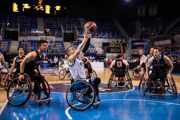 2024 IWBF Men’s Repechage: Italien - Kanda; 15.04.2024 Nikola Goncin (Kanada, 4), Fabio Raimondi (Italien, 9) im Wurf 2024 IWBF Men’s Repechage: Italien - Kanda; Azur Arena, Antibes Copyright: xBEAUTIFULxSPORTS Wunderlx