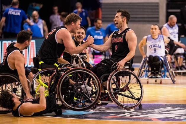 2024 IWBF Men’s Repechage: Italien - Kanda; 15.04.2024 Jubel bei den Kanadiern nach dem Sieg gegen Italien Patrick Anderson (Kanada, 12), Colin Higgins (Kanada, 9) 2024 IWBF Men’s Repechage: Italien - Kanda; Azur Arena, Antibes Copyright: xBEAUTIFULxSPORTS Wunderlx