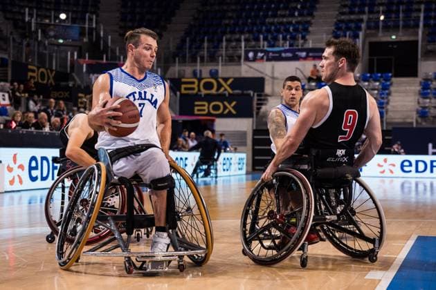 2024 IWBF Men’s Repechage: Italien - Kanda; 15.04.2024 Sabri Bedzeti (Italien, 7) am Ball, Colin Higgins (Kanada, 9) 2024 IWBF Men’s Repechage: Italien - Kanda; Azur Arena, Antibes Copyright: xBEAUTIFULxSPORTS Wunderlx