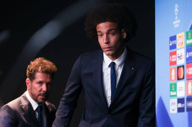 15.04.2024, Fussball, Saison 2023 2024, UEFA Champions League, UCL, Pressekonferenz, Borussia Dortmund - Atletico Madrid, Pressekonferenz mit v. l. Trainer Diego Simeone (Atletico Madrid), Axel Witsel (Atletico Madrid), Dortmund Signal Iduna Park NRW Deutschland xRHR-FOTO DEx Copyright: DennisxEwert RHR-FOTOx RHR-FOTO DE