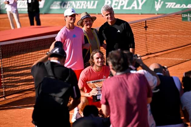 Rolex Monte-Carlo Masters - Monaco Parents of Stefanos Tsitsipas his coach Apostolos Tsitsipas mother Julia Apostoli and brother Petros during the Rolex Monte-Carlo final ATP, Tennis Herren Masters 1000 tennis on April 14, 2024 at Monte Carlo Country Club in Roquebrune Cap Martin, France near Monaco. Photo by Victor Joly ABACAPRESS.COM Monaco Monaco  Copyright: xJolyxVictor ABACAx