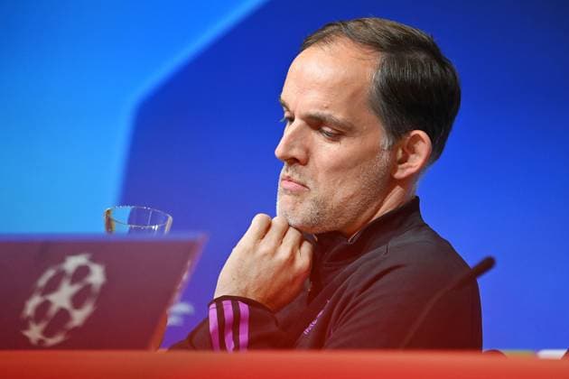 Trainer Thomas TUCHEL (Bayern Muenchen) , Einzelbild,angeschnittenes Einzelmotiv,Portraet,Portrait,Porträt. Pressekonferenz am 16.04.2024 vor dem Fussball Champions League Viertelfinale FC Bayern Muenchen - Arsenal London am 17.04.2024, A L L I A N Z A R E N A. Â