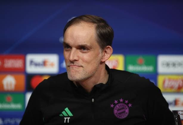 München, Deutschland 16. April 2024: Fussball, Herren, UEFA Champions League, Saison 2023 2024, FC Bayern München, Pressekonferenz Hier im Bild Thomas Tuchel, Trainer (FC Bayern München) Kopf, Portrait, Blick, Gesichtsausdruck, Lippen pressen auf der Pressekonferenz