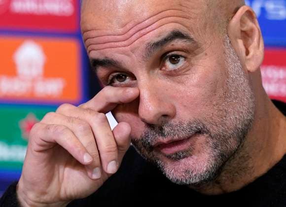 Manchester, England, 16th April 2024. Josep Guardiola coach of Manchester City speaks at a press conference, PK, Pressekonferenz during the Champions League media access day at the Academy Stadium, Manchester. Picture: Andrew Yates Sportimage EDITORIAL USE ONLY. No use with unauthorised audio, video, data, fixture lists, club league logos or live services. Online in-match use limited to 120 images, no video emulation. No use in betting, games or single club league player publications. SPI-3083-0008