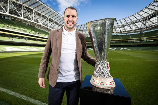 UEFA Europa League Trophy Tour With John O Shea, Aviva Stadium, Dublin 16 4 2024 Ireland interim manager John O™Shea with the Europa League Trophy John O™Shea with the Europa League Trophy 16 4 2024  Copyright: x INPHO LaszloxGeczox LG_00015-Edit