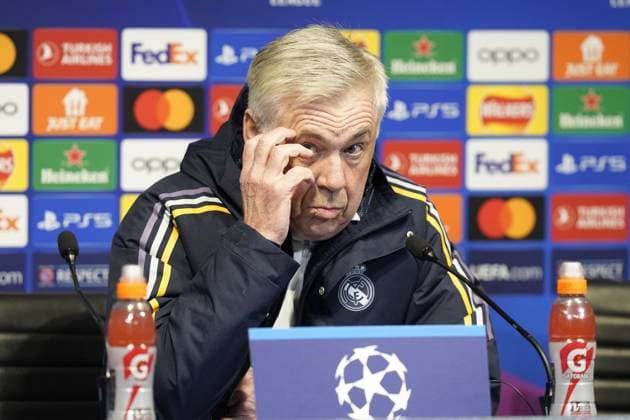Manchester, England, 16th April 2024. Real Madrid manager Carlo Ancelotti talks at a press conference, PK, Pressekonferenz prior to the Champions League match tomorrow at the Etihad Stadium, Manchester. Picture: Andrew Yates Sportimage EDITORIAL USE ONLY. No use with unauthorised audio, video, data, fixture lists, club league logos or live services. Online in-match use limited to 120 images, no video emulation. No use in betting, games or single club league player publications. SPI-3083-0036