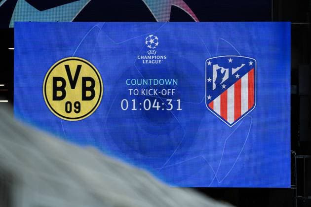 GER, UEFA Champions League, Borussia Dortmund vs AtlÃ tico Madrid Atletico Madrid 16.04.2024, Signal Iduna Park, Dortmund, GER, UEFA Champions League, Borussia Dortmund vs AtlÃ tico Madrid Atletico Madrid Im Bild: Anzeigetafel mit Logo von BV Borussia Dortmund und AtlÃ tico Madrid Atletico Madrid