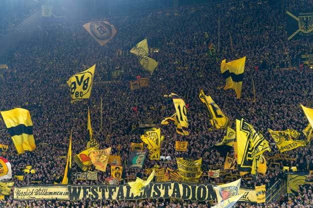 2024-04-16 Borussia Dortmund v Atletico Madrid - Quarter-final Second Leg - UEFA Champions League 2023 24 DORTMUND, GERMANY - APRIL 16: Fans and supporters of Borussia Dortmund prior to the Quarter-final Second Leg - UEFA Champions League 2023 24 match between Borussia Dortmund and Atletico Madrid at Signal Iduna Park on April 16, 2024 in Dortmund, Germany. (Photo by Joris Verwijst BSR Agency) Dortmund Germany Content not available for redistribution in The Netherlands directly or indirectly through any third parties. Copyright: xBSRxAgencyx