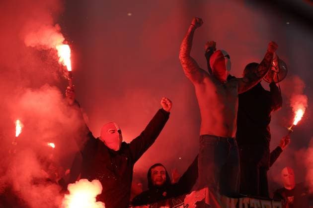Fans of Atletico Madrid let off flares Borussia Dortmund v Atletico Madrid, UEFA Champions League, Quarter Final, Second Leg, Football, Signal Iduna Park, Dortmund, Germany - 16 Apr 2024 EDITORIAL USE ONLY No use with unauthorised audio, video, data, fixture lists, club league logos or live services. Online in-match use limited to 120 images, no video emulation. No use in betting, games or single club league player publications. Copyright: xMichaelxZemanek Shutterstockx 14434932i