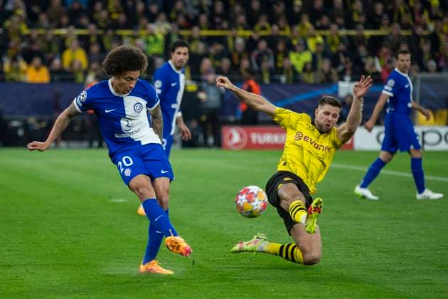 UEFA Champions League, Borussia Dortmund - Atletico Madrid, 16.04.2023 Axel Witsel (Atletico Madrid, 20), Niclas Füllkrug (Borussia Dortmund, 14). UEFA Champions League, Borussia Dortmund - Atletico Madrid, Rückspiel Viertelfinale, am 16.04.2023, Signal Iduna Park, Dortmund UEFA regulations prohibit any use of photographs as image sequences and or quasi-video Copyright: xBEAUTIFULxSPORTS Meuselx