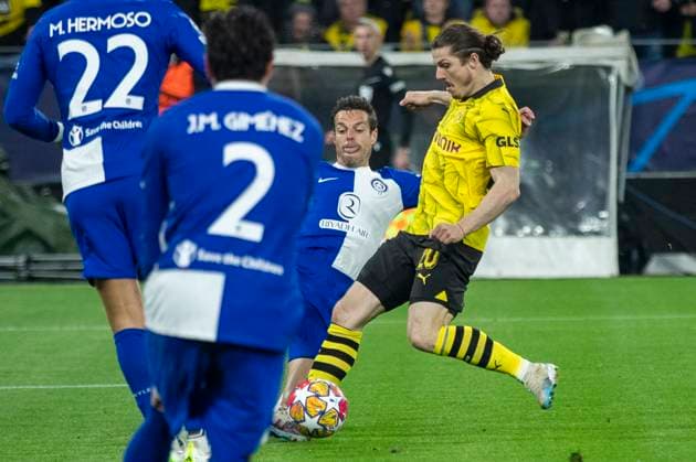 UEFA Champions League, Borussia Dortmund - Atletico Madrid, 16.04.2023 Marcel Sabitzer (Borussia Dortmund, 20) mit der ersten Chance der Partie. UEFA Champions League, Borussia Dortmund - Atletico Madrid, Rückspiel Viertelfinale, am 16.04.2023, Signal Iduna Park, Dortmund UEFA regulations prohibit any use of photographs as image sequences and or quasi-video Copyright: xBEAUTIFULxSPORTS Meuselx