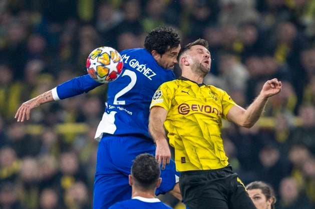 Fußball: Champions League. Rückspiel Viertelfinale, Borussia Dortmund - Atletico Madrid am 16.04.2024 im Signal-Iduna-Park: Madrids Jose Gimenez (l.) und Dortmunds Niclas Füllkrug kämpfen um den Ball. WICHTIGER HINWEIS: Gemäß den Vorgaben der UEFA ist es untersagt, in dem Stadion und oder vom Spiel angefertigte Fotoaufnahmen in Form von Sequenzbildern und oder videoähnlichen Fotostrecken zu verwerten bzw. verwerten zu lassen. Copyright: xKirchner DavidxInderliedx