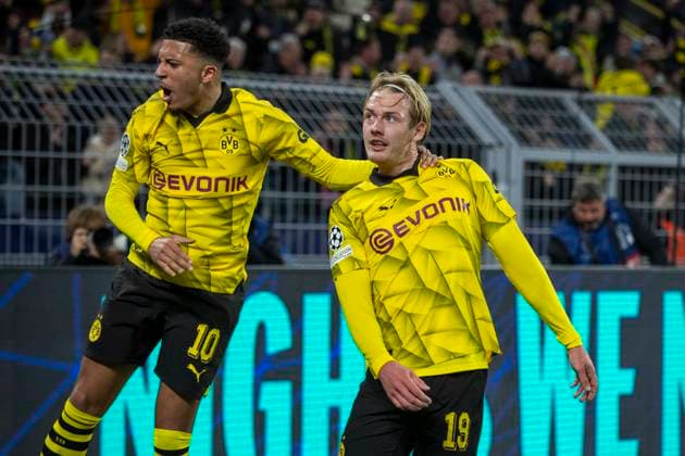 UEFA Champions League, Borussia Dortmund - Atletico Madrid, 16.04.2023 Julian Brandt (Borussia Dortmund, 19) und Jadon Sancho (Borussia Dortmund, 10) jubeln. UEFA Champions League, Borussia Dortmund - Atletico Madrid, Rückspiel Viertelfinale, am 16.04.2023, Signal Iduna Park, Dortmund UEFA regulations prohibit any use of photographs as image sequences and or quasi-video Copyright: xBEAUTIFULxSPORTS Meuselx