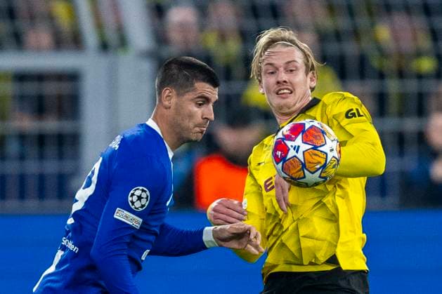 Fußball: Champions League. Rückspiel Viertelfinale, Borussia Dortmund - Atletico Madrid am 16.04.2024 im Signal-Iduna-Park: Madrids Alvaro Morata (l.) und Dortmunds Julian Brandt kämpfen um den Ball. WICHTIGER HINWEIS: Gemäß den Vorgaben der UEFA ist es untersagt, in dem Stadion und oder vom Spiel angefertigte Fotoaufnahmen in Form von Sequenzbildern und oder videoähnlichen Fotostrecken zu verwerten bzw. verwerten zu lassen. Copyright: xKirchner DavidxInderliedx