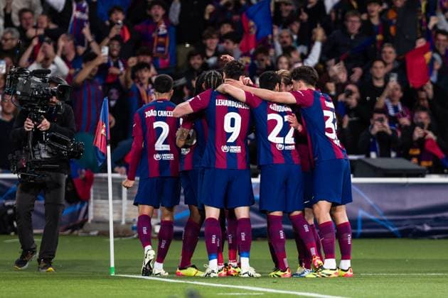 April 16, 2024, Barcelona, Barcelona, Spain: Raphinha Dias Belloli of FC Barcelona, Barca celebrates a goal during the UEFA Champions League Quarter-final Second Leg, match played between FC Barcelona and Paris Saint-Germain Fc at Estadio Olimpico de Montjuic on April 16, 2024 in Barcelona, Spain. Barcelona Spain - ZUMAa181 20240416_zaa_a181_018 Copyright: xJavierxBorregox