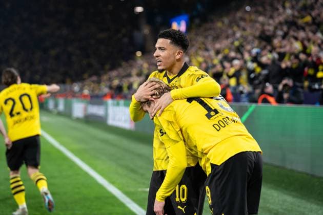 GER, UEFA Champions League, Borussia Dortmund vs AtlÃ tico Madrid Atletico Madrid 16.04.2024, Signal Iduna Park, Dortmund, GER, UEFA Champions League, Borussia Dortmund vs AtlÃ tico Madrid Atletico Madrid Im Bild: Torjubel Jubel ueber das Tor zum 1:0 durch Julian Brandt (BV Borussia Dortmund, 19) Jadon Sancho (BV Borussia Dortmund, 10)