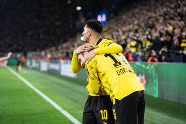 GER, UEFA Champions League, Borussia Dortmund vs AtlÃ tico Madrid Atletico Madrid 16.04.2024, Signal Iduna Park, Dortmund, GER, UEFA Champions League, Borussia Dortmund vs AtlÃ tico Madrid Atletico Madrid Im Bild: Torjubel Jubel ueber das Tor zum 1:0 durch Julian Brandt (BV Borussia Dortmund, 19) Jadon Sancho (BV Borussia Dortmund, 10)