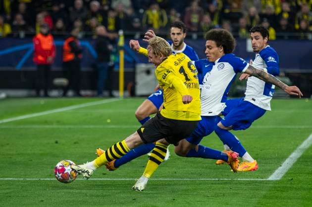 UEFA Champions League, Borussia Dortmund - Atletico Madrid, 16.04.2023 Julian Brandt (Borussia Dortmund, 19) erzielt das Tor zum 1:0. UEFA Champions League, Borussia Dortmund - Atletico Madrid, Rückspiel Viertelfinale, am 16.04.2023, Signal Iduna Park, Dortmund UEFA regulations prohibit any use of photographs as image sequences and or quasi-video Copyright: xBEAUTIFULxSPORTS Meuselx