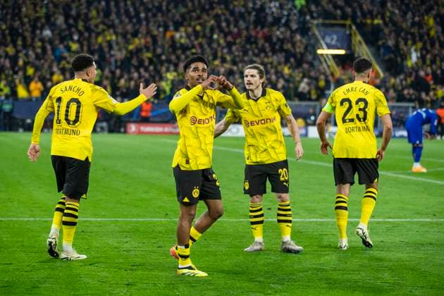 UEFA Champions League, Borussia Dortmund - Atletico Madrid, 16.04.2023 Ian Maatsen (Borussia Dortmund, 22) jubelt nach seinem Tor zum 2:0. UEFA Champions League, Borussia Dortmund - Atletico Madrid, Rückspiel Viertelfinale, am 16.04.2023, Signal Iduna Park, Dortmund UEFA regulations prohibit any use of photographs as image sequences and or quasi-video Copyright: xBEAUTIFULxSPORTS Meuselx