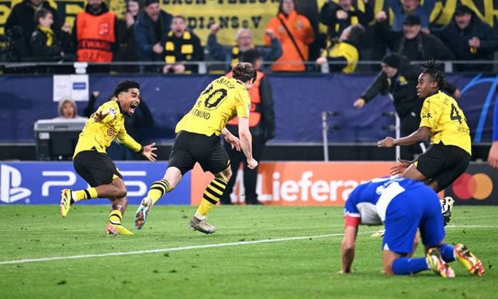 Fussball, Champions League, Deutschland, Herren, Saison 2023 2024, Viertelfinale Rückspiel, Signal Iduna Park Dortmund: Bor. Dortmund - Atletico Madrid; Jubel Marcel Sabitzer (BVB) nach seinem Tor zum 4:2, zusammen mit Ian Maatsen (BVB). Jubel, Freude, Aktion. UEFA REGULATIONS PROHIBIT ANY USE OF PHOTOGRAPHS AS IMAGE SEQUENCES AND OR QUASI-VIDEO