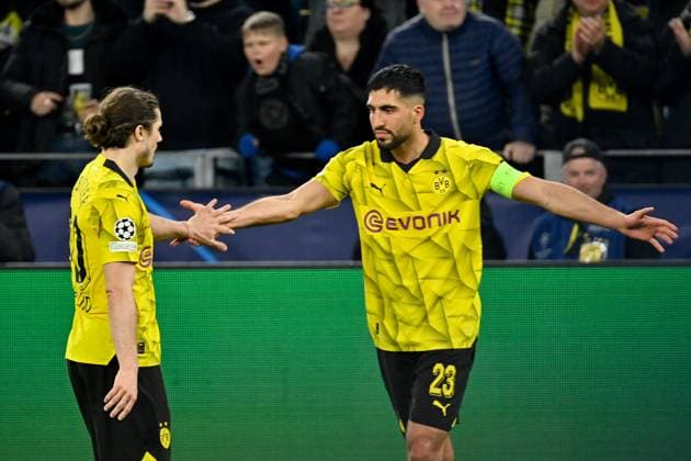 16.04.2024, xjrdrx, Fussball UEFA Champions League, Borussia Dortmund - Atletico Madrid emspor, v.l. Torjubel nach dem Tor zum celebrating the goal celebrate 2:0 durch Ian Maatsen (Borussia Dortmund) Marcel Sabitzer (Borussia Dortmund) Emre Can (Borussia Dortmund) (DFL DFB REGULATIONS PROHIBIT ANY USE OF PHOTOGRAPHS as IMAGE SEQUENCES and or QUASI-VIDEO) Dortmund