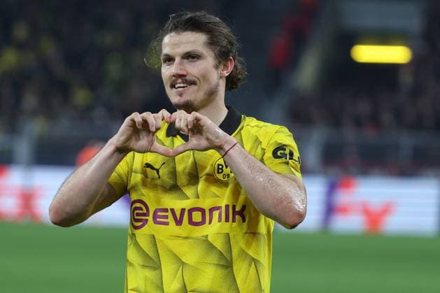 Champions League - Borussia Dortmund - Atletico Madrid am 16.04.2024 im Signal Iduna Park in Dortmund Jubel, Torjubel, Torschuetze, Torschütze Marcel Sabitzer (Dortmund 20) jubelt nach seinem Tor zum 4 zu 2