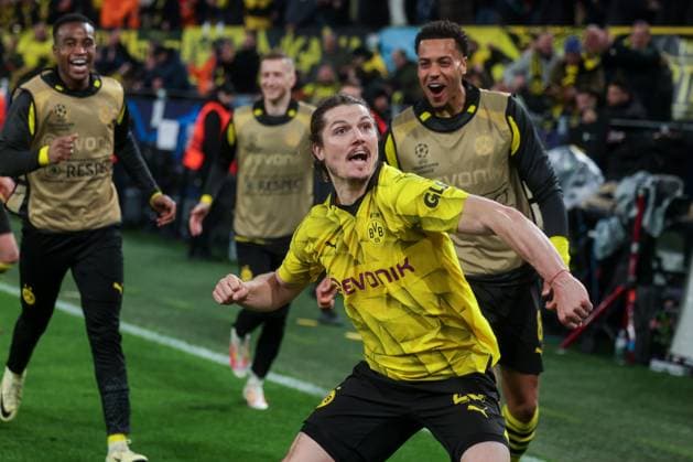 16.04.2024, Fussball, Saison 2023 2024, UEFA Champions League, UCL, Viertelfinale, Runde 2, Rueckspiel, Borussia Dortmund - Atletico Madrid, Marcel Sabitzer (Borussia Dortmund) bejubelt das Tor zum 4:2, Dortmund Signal Iduna Park NRW Deutschland xRHR-FOTO DEx Copyright: DennisxEwert RHR-FOTOx RHR-FOTO DE