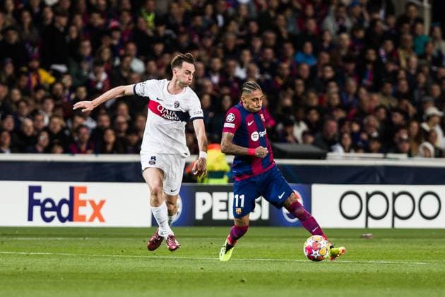 April 16, 2024, Barcelona, Barcelona, Spain: Raphinha Dias Belloli of FC Barcelona, Barca in action against Fabian Ruiz of Paris Saint-Germain FC during the UEFA Champions League Quarter-final Second Leg, match played between FC Barcelona and Paris Saint-Germain Fc at Estadio Olimpico de Montjuic on April 16, 2024 in Barcelona, Spain. Barcelona Spain - ZUMAa181 20240416_zaa_a181_033 Copyright: xJavierxBorregox