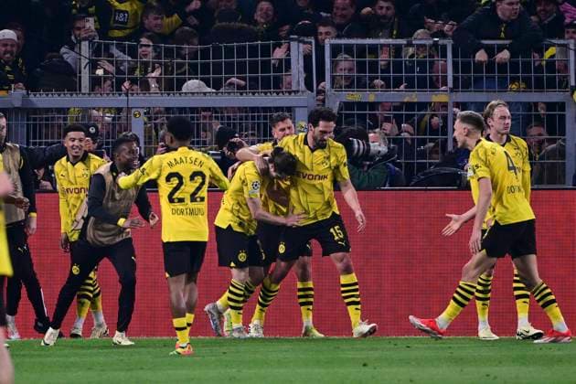 Torjubel zum 4:2 durch Marcel Sabitzer 20 (Borussia Dortmund), Borussia Dortmund vs. Atletico Madrid, Fussball, Champions League, Achtelfinale, 16.04.2024 Dortmund Nordrhein-Westfalen Deutschland