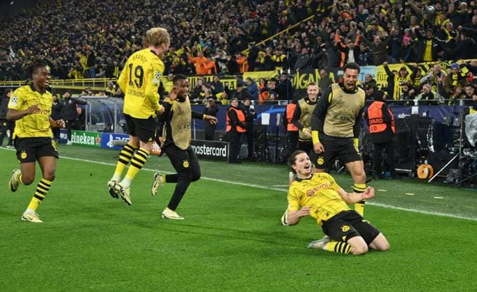 Jubel 4:2 Marcel Sabitzer (Borussia Dortmund), re. 16.04.2024, Fussball Champions League, Saison 2023 2024, Viertelfinale Rückspiel, Borussia Dortmund - Atletico Madrid Dortmund Signal Iduna Park Nordrhein Westfalen Deutschland