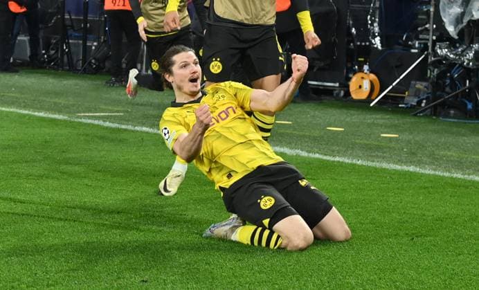 Jubel 4:2 Marcel Sabitzer (Borussia Dortmund), re. 16.04.2024, Fussball Champions League, Saison 2023 2024, Viertelfinale Rückspiel, Borussia Dortmund - Atletico Madrid Dortmund Signal Iduna Park Nordrhein Westfalen Deutschland