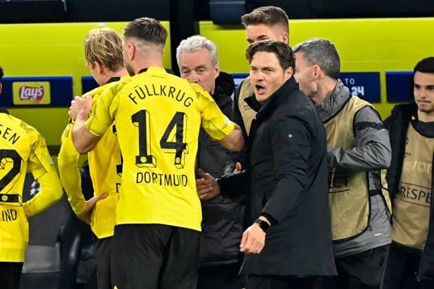 16.04.2024, xjrdrx, Fussball UEFA Champions League, Borussia Dortmund - Atletico Madrid emspor, v.l. Torjubel nach dem Tor zum celebrating the goal celebrate 3;2 Niclas Füllkrug (Borussia Dortmund) Trainer Edin Terzic (Borussia Dortmund) (DFL DFB REGULATIONS PROHIBIT ANY USE OF PHOTOGRAPHS as IMAGE SEQUENCES and or QUASI-VIDEO) Dortmund